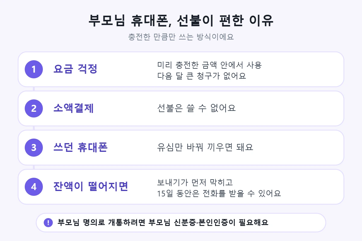 부모님 휴대폰을 선불로: 충전한 금액 안에서 사용, 소액결제 불가, 쓰던 휴대폰에 유심만 교체, 잔액이 떨어지면 발신이 먼저 막히고 15일 동안 수신 가능