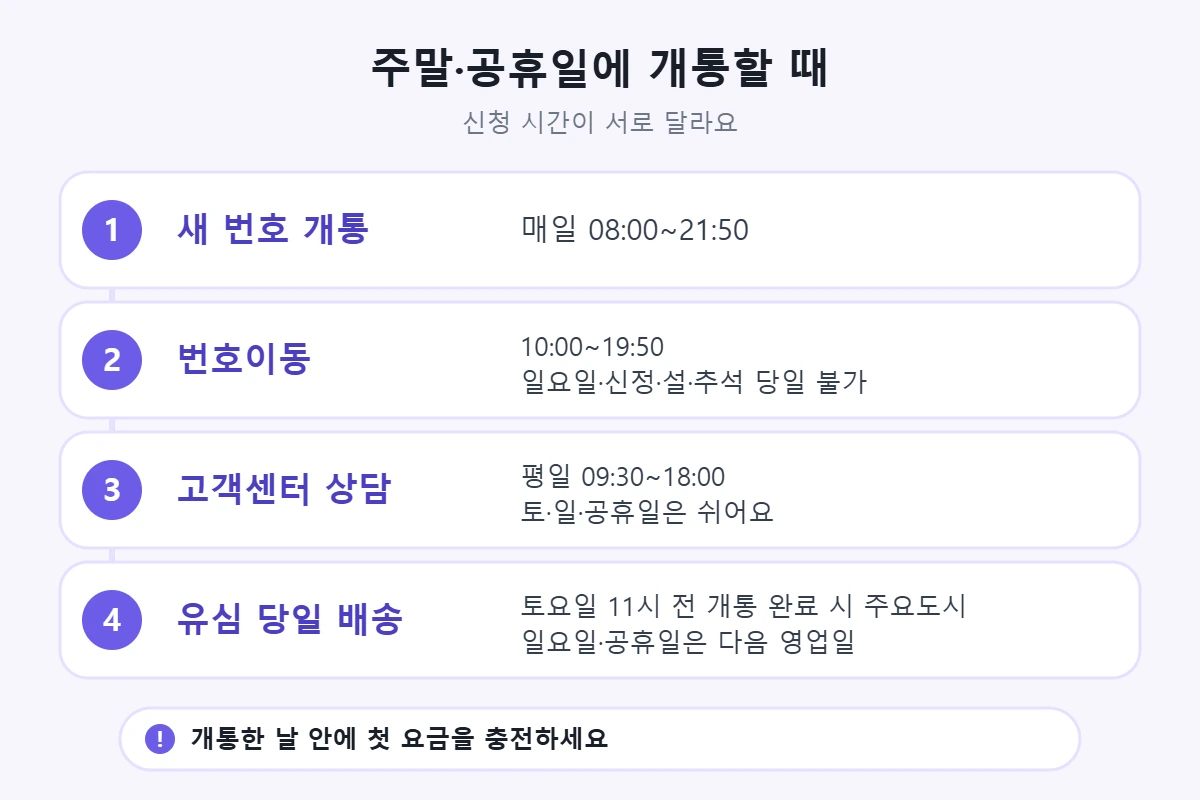 주말·공휴일 개통 시간: 새 번호 매일 08:00~21:50, 번호이동 10:00~19:50(일요일·신정·설·추석 당일 불가), 고객센터 평일 09:30~18:00, 토요일 11시 전 개통 시 유심 당일 배송